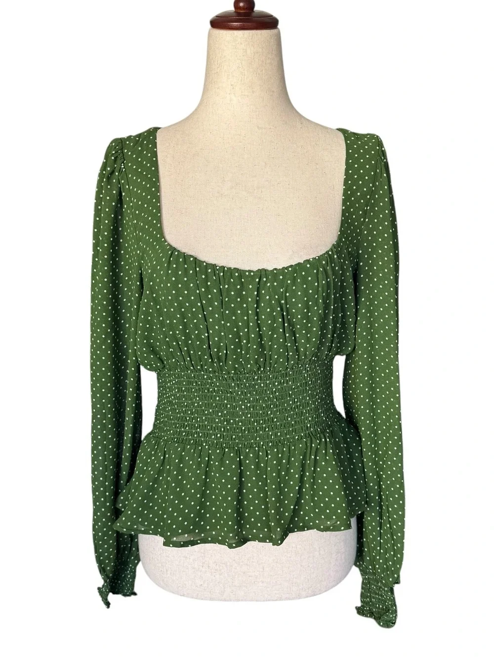 Reformation Hearth Long Sleeve Top Peat Green Polka Dot sz 8